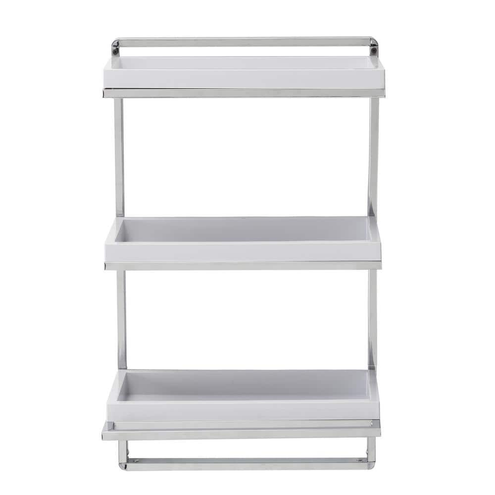 15.75 in. W Wall-Mounted 3-Tier Bathroom Shelf with Towel Bar and Removable Trays in White and Chrome