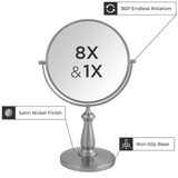 13.5 in. x 9 in. Freestanding Bi-View Vanity Mirror with 360° Swivel and 8X/1X Magnification in Satin Nickel